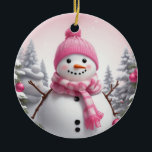 Personalize: Happy Pink Scarf Xmas Snowman Keramik Ornament<br><div class="desc">Personalize: Happy Pink Scarf Xmas Snowman</div>