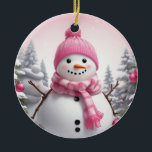 Personalize: Happy Pink Scarf Xmas Snowman Keramik Ornament<br><div class="desc">Personalize: Happy Pink Scarf Xmas Snowman</div>