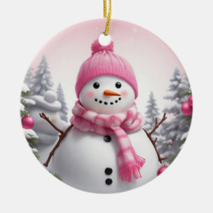Personalize: Happy Pink Scarf Xmas Snowman Keramik Ornament