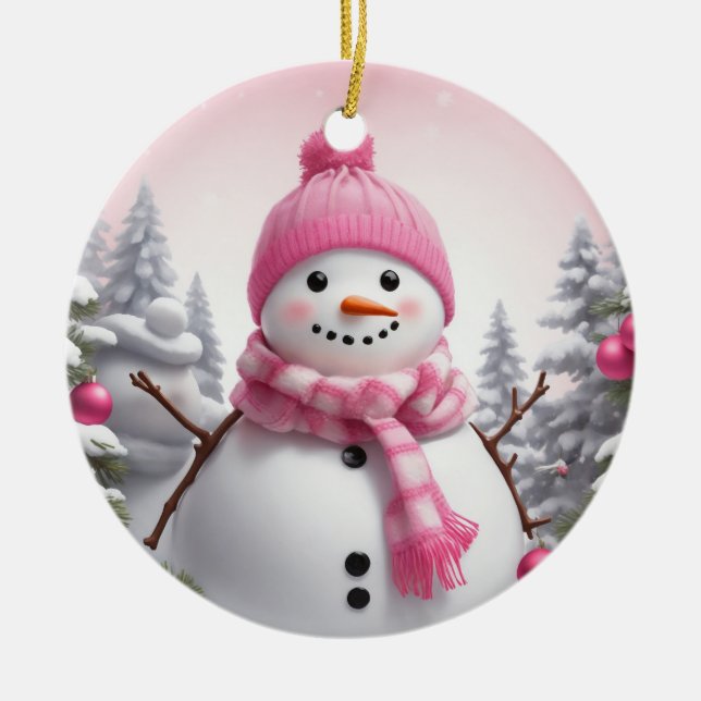 Personalize: Happy Pink Scarf Xmas Snowman Keramik Ornament (Vorne)