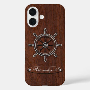 Personalize it! Wet Nautical Mahogany Wheel iPhone 16 Hülle