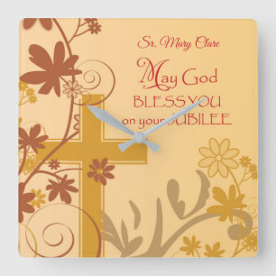 Personalize, Jubilee Anniversary Nun Cross, Swirls Quadratische Wanduhr
