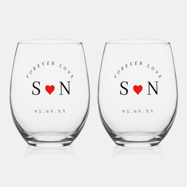 Personalize Love Shape Stem Wedding Monogram  Weinglas Ohne Stiel (Vorderseite)