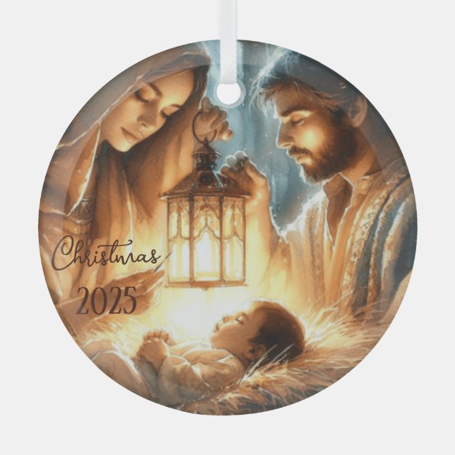 Personalize Mary & Joseph Watching Over Baby Jesus Ornament Aus Glas (Vorderseite)