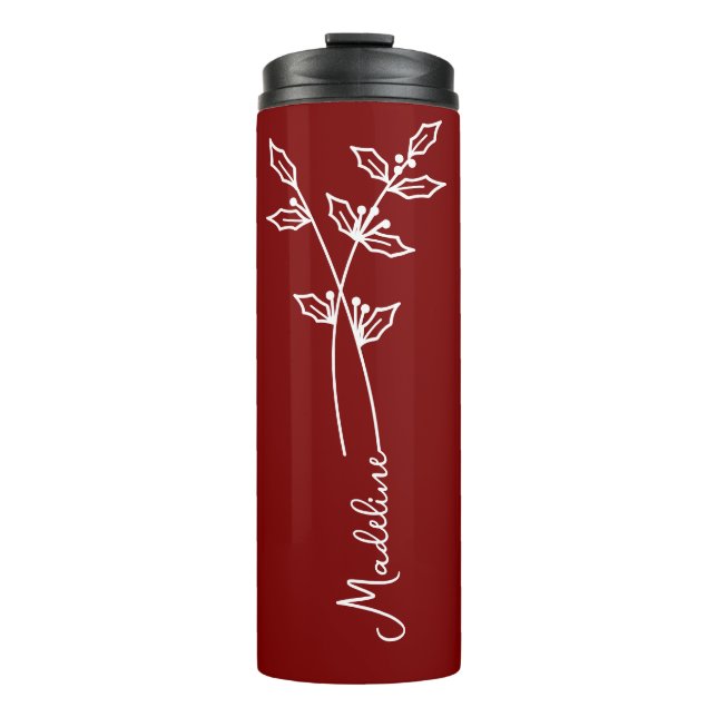 Personalize Name, Dezember Birth Blume Dark Red Thermosbecher (Vorderseite)