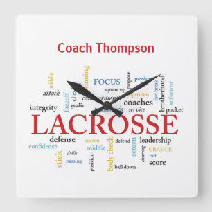 Personalize Name Lacrosse Coach Thanks Words Quadratische Wanduhr