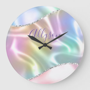 Personalize Name Purple Script, Iridescent Wave Große Wanduhr