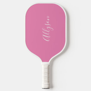 Personalize Name, White Script, Vertical on Pink Pickleball Schläger