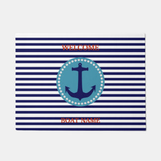 Personalize Nautical Blue Welcome Boat Name Stripe Fußmatte