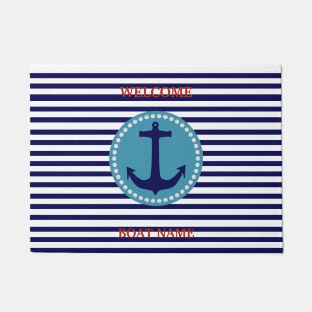 Personalize Nautical Blue Welcome Boat Name Stripe Fußmatte (Vorderseite)