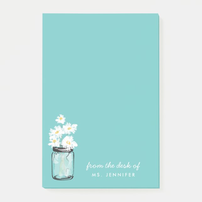 Personalize Note Aquamarin Mason Jar White Daisy F Post-it Klebezettel (Vorderseite)