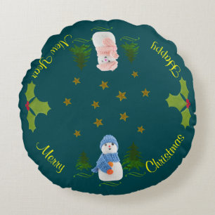 Personalize, Snowman, Weihnachtsbaum, Zweig Rundes Kissen