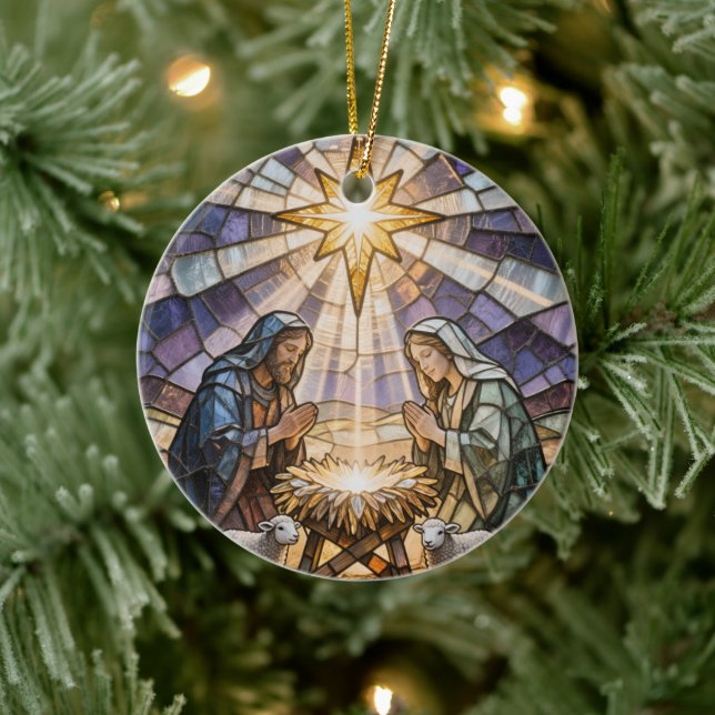 Personalize Stained Glass Nativity Scene Christmas Keramik Ornament (Baum)