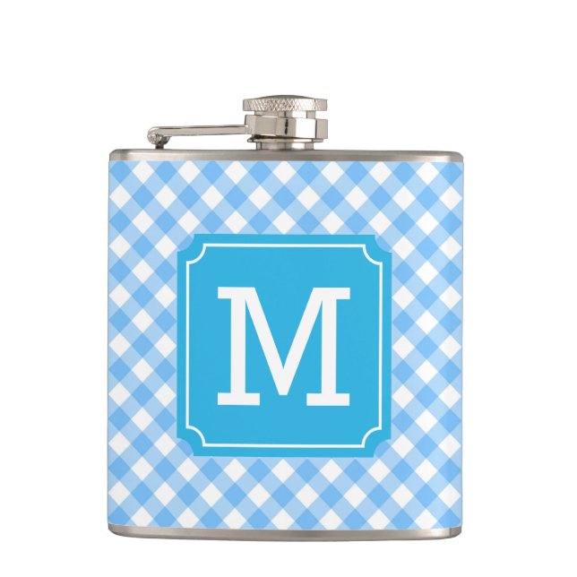 Personalize Stylish Baby Blue Gingham Monogram Flachmann (Vorderseite)