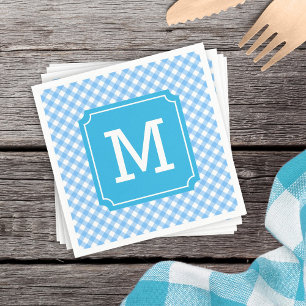 Personalize Stylish Baby Blue Gingham Monogram Serviette