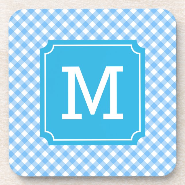 Personalize Stylish Baby Blue Gingham Monogram Untersetzer (Vorderseite)
