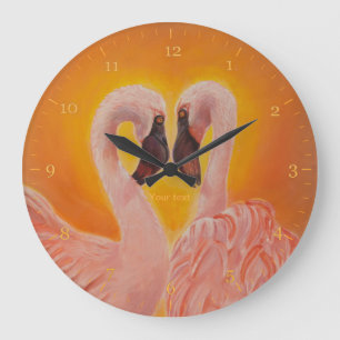 Personalize Two Flamingos Love  heart Dance Große Wanduhr