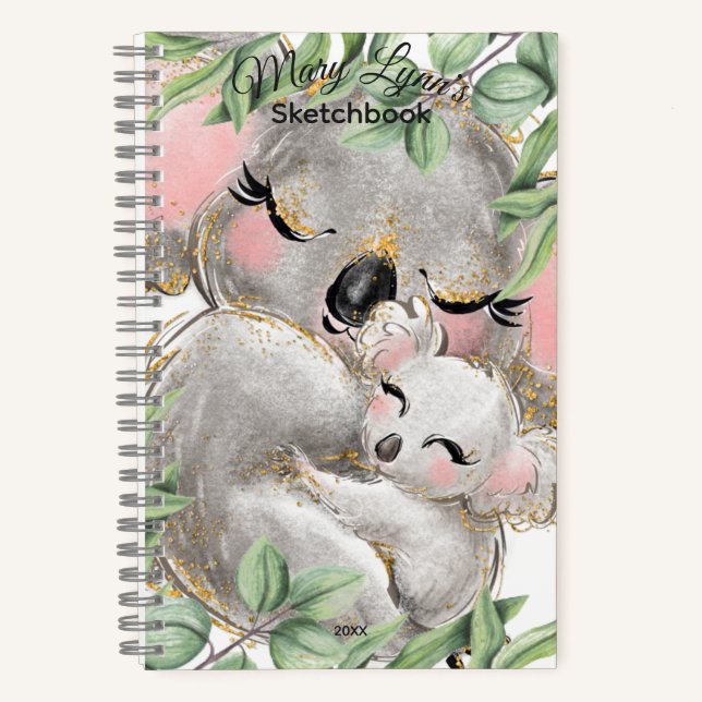 Personalize Watercolor Koala Bear, Baby Sketchbook Notizbuch (Vorderseite)