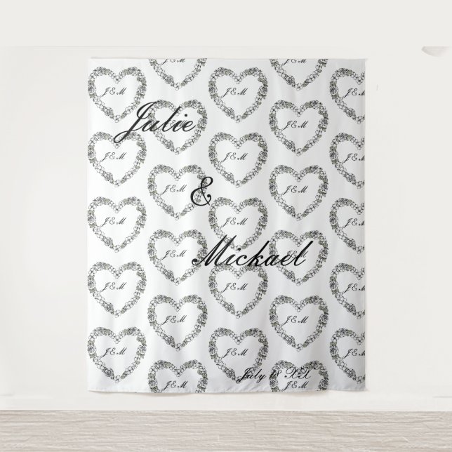 Personalize Wedding Backdrop Black and White Heart Wandteppich (Vorderseite)