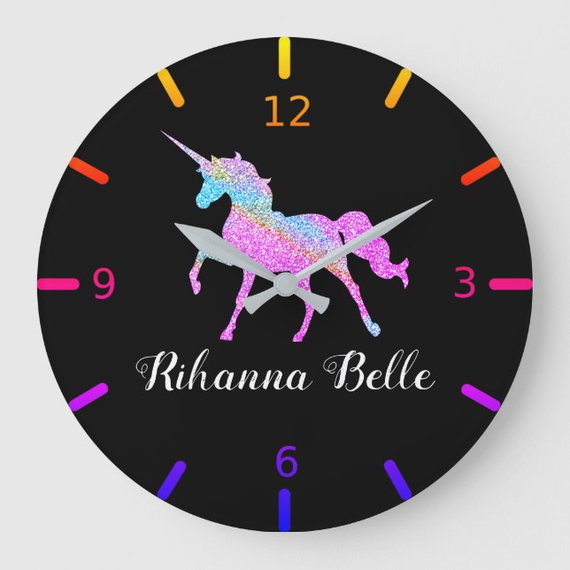 Personalize Your Colorful Unicorn Große Wanduhr (Vorderseite)