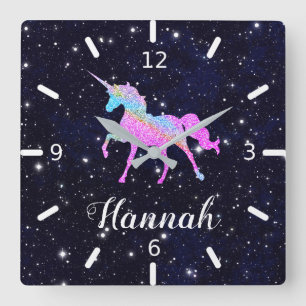 Personalize Your Colorful Unicorn Quadratische Wanduhr