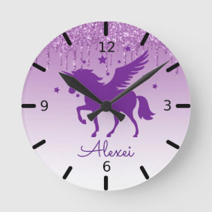 Personalize Your Own Magical Purple Unicorn Runde Wanduhr