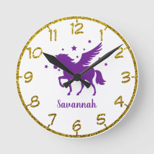 Personalize Your Own Purple Unicorn Round Clock Runde Wanduhr