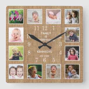 Personalized 12 Photo Collage Frame Rustic Burlap Quadratische Wanduhr