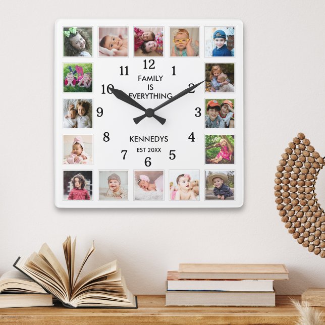 Personalized 16 Photo Collage Family Quote White Quadratische Wanduhr (Von Creator hochgeladen)