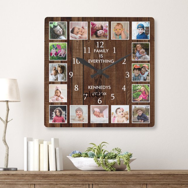 Personalized 16 Photo Collage Quote Dark Wood Quadratische Wanduhr (Von Creator hochgeladen)