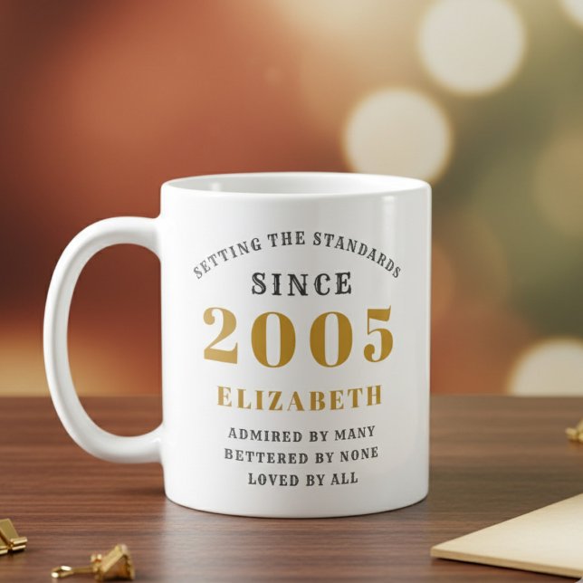 Personalized 21st Birthday 2005 Add Name Elegant Kaffeetasse (Born 2005 birthday gift mug. Blurred background, dark wood desk.)