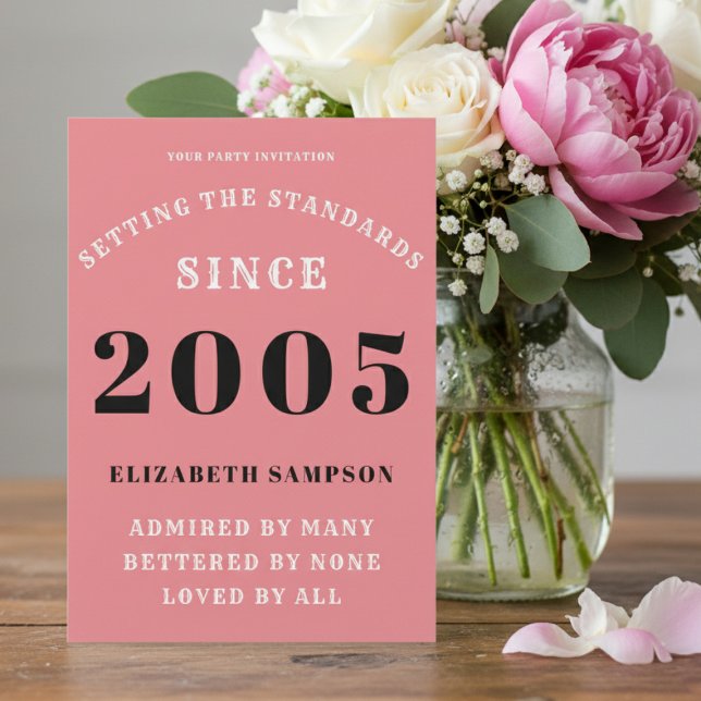 Personalized 21st Birthday 2005 Add Your Name Pink Einladung (2005 birthday invitation on a table with flowers.)