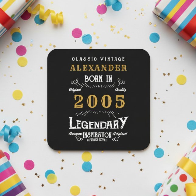 Personalized 21st Birthday 2005 Vintage Legend Rechteckiger Pappuntersetzer (Born 2005 coaster with a white background.)