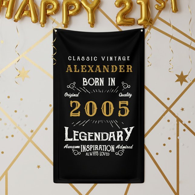 Personalized 21st Birthday Born 2005 Retro Party Banner (2005 wall banners against a white and gold wall.)