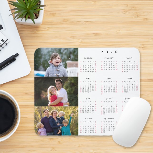 Personalized 3 Photo Collage Family 2026 Calendar Mousepad (Personalized 3 Photo Collage Family 2026 Calendar Mouse Pad)