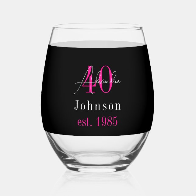Personalized 40th Birthday Black Hot Pink Weinglas Ohne Stiel (Vorderseite)