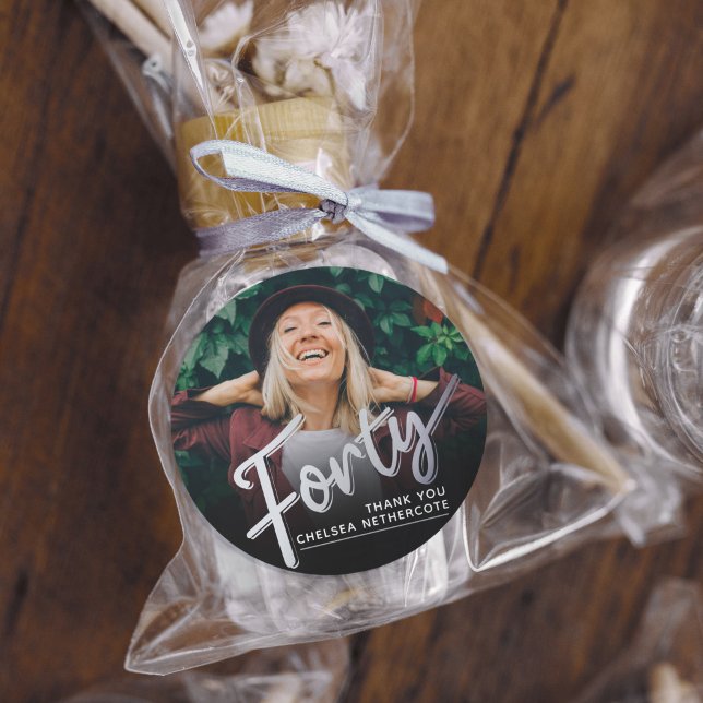 Personalized 40th Birthday Photo Forty Silver Runder Aufkleber (Von Creator hochgeladen)