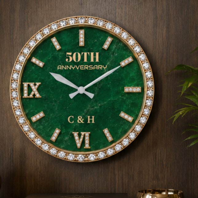 Personalized 50th Anniversary Emerald Marble  Große Wanduhr (Von Creator hochgeladen)