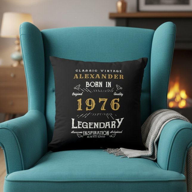 Personalized 50th Birthday Born 1976 Legend Black Kissen (Born 1976 birthday throw pillow in an armchair.)