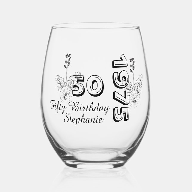 Personalized 50th floral birthday  weinglas ohne stiel (Vorderseite)