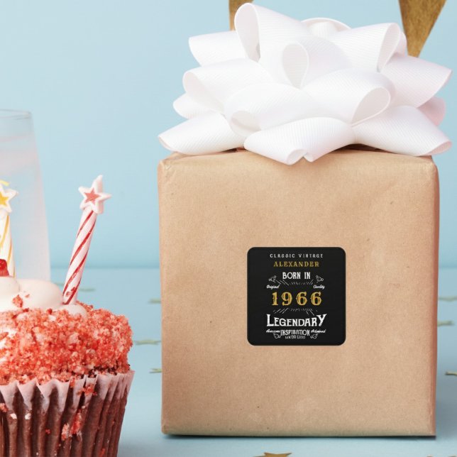 Personalized 60th Birthday Add Name 1966 Legend Quadratischer Aufkleber (Born 1966 birthday sticker on a wrapped gift.)