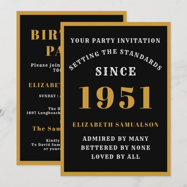 Personalized 70th Birthday 1951 Elegant Black Gold Einladung (Vorne/Hinten)