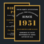 Personalized 70th Birthday 1951 Elegant Black Gold Einladung<br><div class="desc">Für diejenigen, die 1951 geboren waren und ihre 70. Geburtstagsparty feiern, haben wir die ideale Geburtstagskarte. Der schwarze Hintergrund mit weißem und goldenem Design ist einfach und dennoch elegant. Passen Sie den Text einfach an die Vorderseite und die Rückseite dieser Geburtstagskarte mit der Vorlage an. Teil des Standardprogramms für Kartenmaterial,...</div>