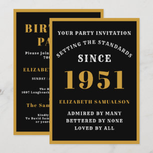Personalized 70th Birthday 1951 Elegant Black Gold Einladung