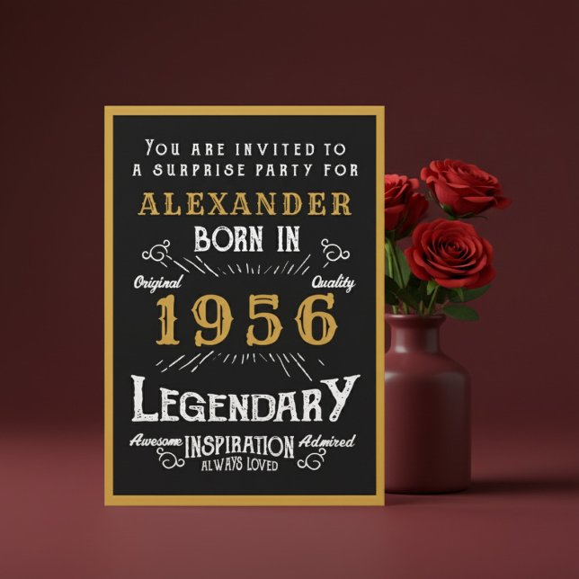 Personalized 70th Birthday 1956 Black Gold Legend Einladung (1956 birthday invitation. Red background.)