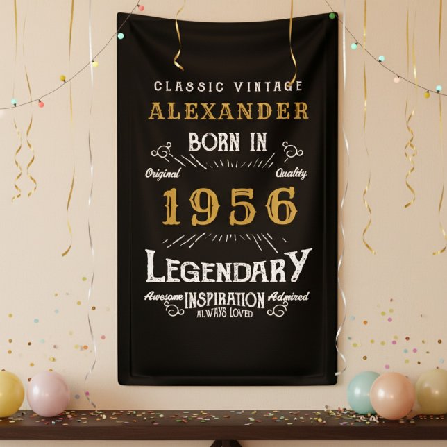 Personalized 70th Birthday 1956 Vintage Legend Banner (Born 1956 wall banner against a light brown wall. )