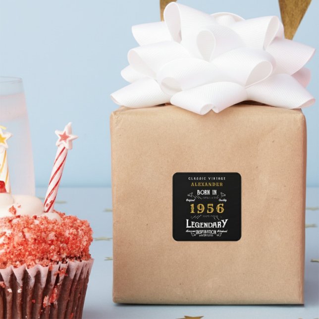 Personalized 70th Birthday Add Name 1956 Legend Quadratischer Aufkleber (Born 1956 birthday sticker on a wrapped present.)