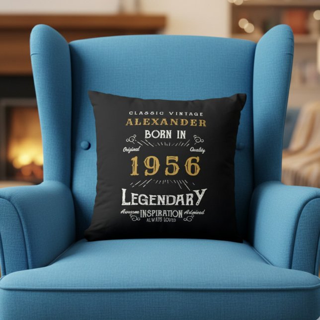 Personalized 70th Birthday Born 1956 Legend Black Kissen (Born 1956 throw pillow in an armchair.)