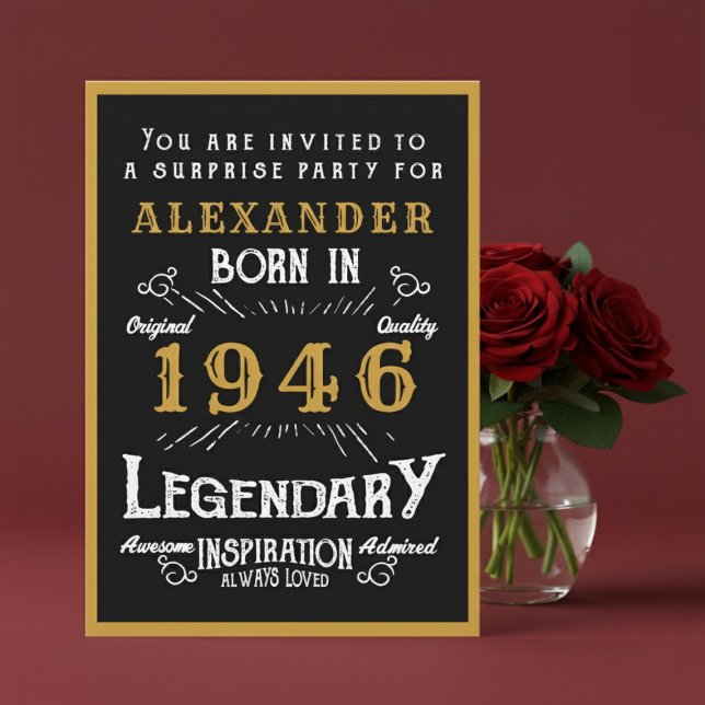 Personalized 80th Birthday 1946 Black Gold Legend Einladung (1946 birthday invitation. Red background.)