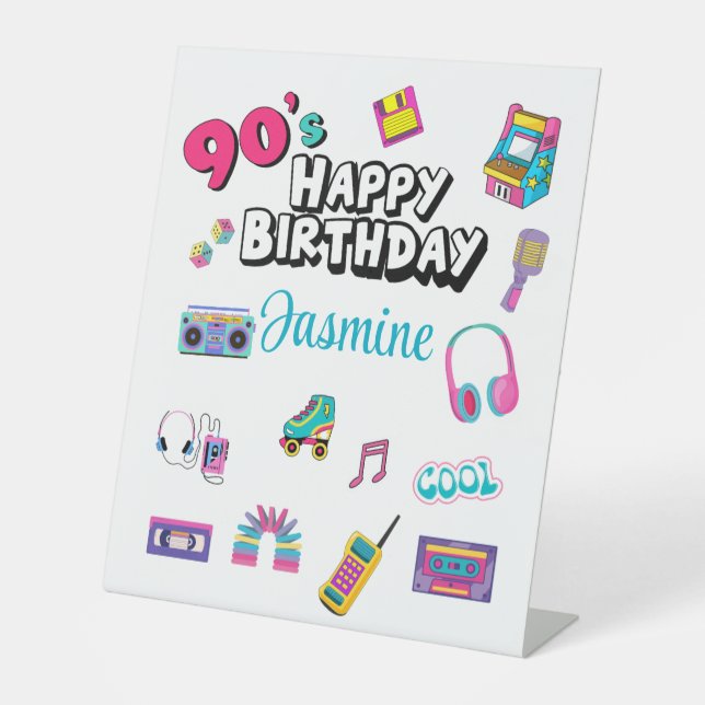 Personalized 90’s Themed Happy Birthday Table Sign Sockelschild (Vorderseite)